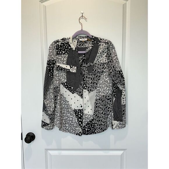 Calvin Klein Black and White Button Down Mixed Print Blouse Size XS - Picture 1 of 7